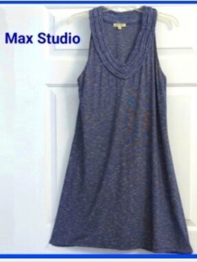 Max Studio Navy Blue Heather Sleeveless V-Neck Summer Knit Dress